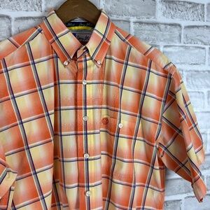 George Strait Wrangler Orange Sunburst Orange Plaid Button Up Shirt Mens LARGE